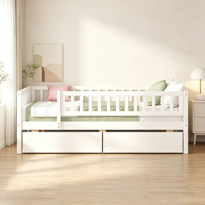 Wood Kids Daybed Platform Bed Frame with Full‑Length Guardrails and 2 Under‑Bed Storage Drawers, No Box Spring Required
