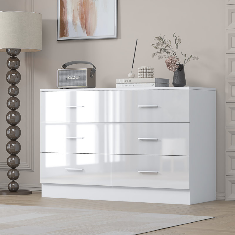 Eva High Gloss 6 Drawer Chest of Drawers - H: 75cm x D: 40cm x W: 112cm, Matte White/Gloss White