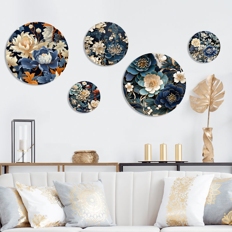 Woburn - Ensemble d'art mural rond floral oriental de 5