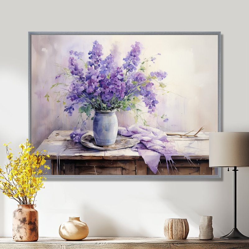 «Violets Farmhouse Still Life - Violets», art mural, H 30 po x l 40 po x P 1,5 po, Cadre flottant argent