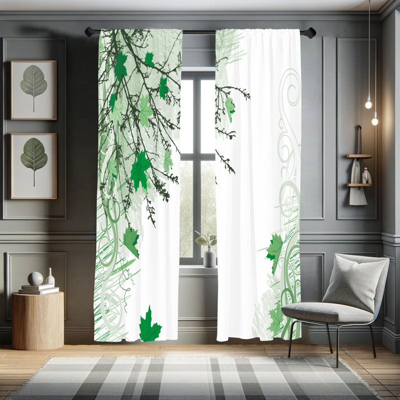 Ebern Designs Nature Curtains, Fall Earth Tones Autumn Leaf, Pair of 28", Fern Green, 28" W x 63" L