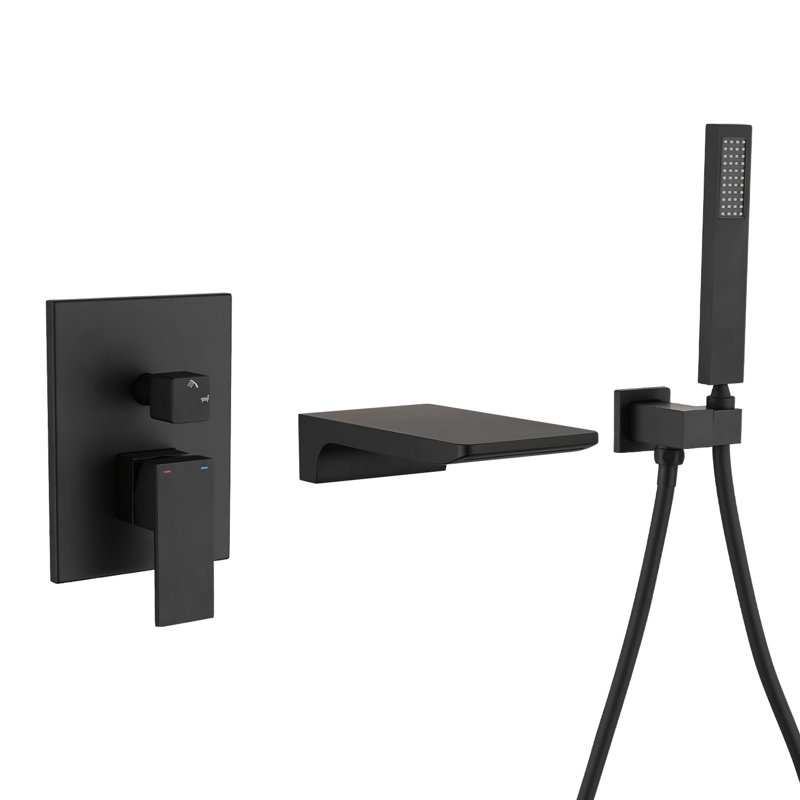 Bathroom Bathtub Faucet Shower Of Wall Mount Type, Matte Black, Handheld With Waterfall Spout And - Balanced Valve For Tub Filler , Modern Rinsing, Fast Filling
