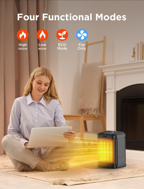 Petit radiateur 1500W, radiateur en céramique PTC, radiateur portatif avec thermostat, protection de sécurité, chauffage rapide 2S, mode ECO, minuterie 24H, coffre-fort pour une utilisation au bureau
