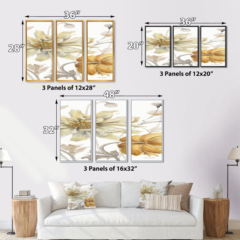 «Fields Of Gold Watercolor Flower I», peinture sur toile 3 pièces, Noir, H 20 po x l 36 po