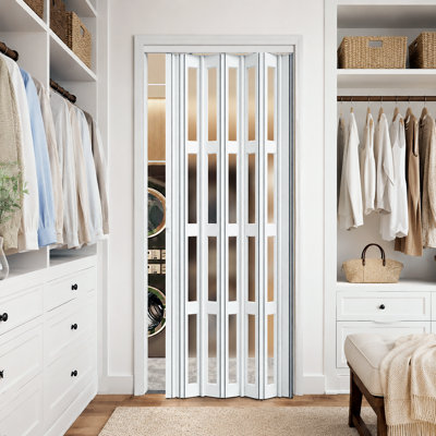 38" x 80" White Double-Layer 4-Lite Panel Insert PVC Interior Accordion Folding Door with Upgraded Rollers, Complete Hardware and Handles, Ideal for Closet and Bathroom Doorways