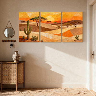 Cactus, paysage désertique, coucher de soleil, arbres de cactus, soleil, couleurs chaudes, ensemble de 3 impressions sur toile