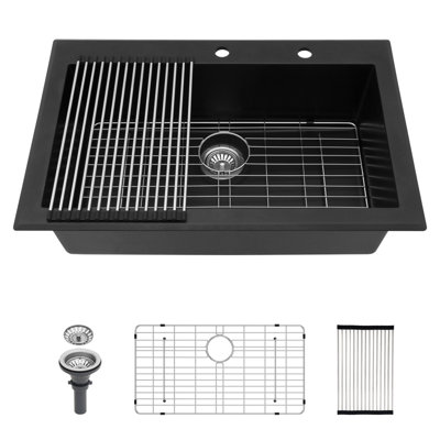 Évier de cuisine en quartz - Évier de cuisine encastré en granite noir 33 x 22 po
