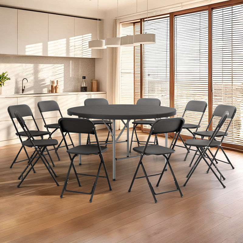 Table pliante en plastique avec 10 chaises pliantes pour l'extérieur, P 54 po x l 54 po x H 29,5 po, Noir, noir, noir, noir