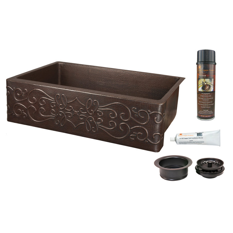 30" Hammered Copper Kitchen Apron Single Basin Sink with Scroll Design with Matching Drain and Accessories