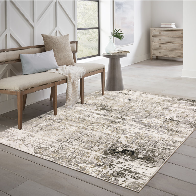Tapis gris / ivoire à motif abstrait Gwern, Rectangle 7 pi 10 po x 10 pi 10 po