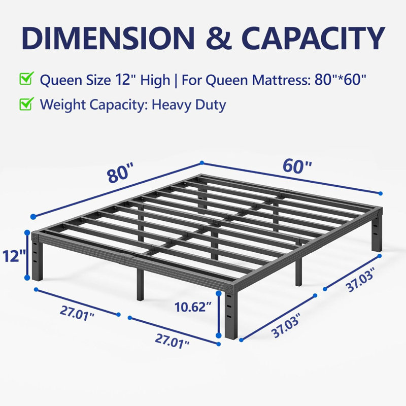 Black Heavy Duty Metal Queen Platform Bed Frame, 12-Inch High