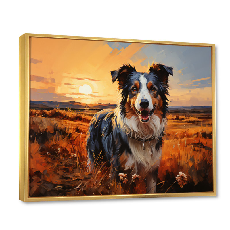 Border collie marchant sous Golden Horizon - impression, Cadre flottant doré, H 16 po x l 32 po x P 1 po