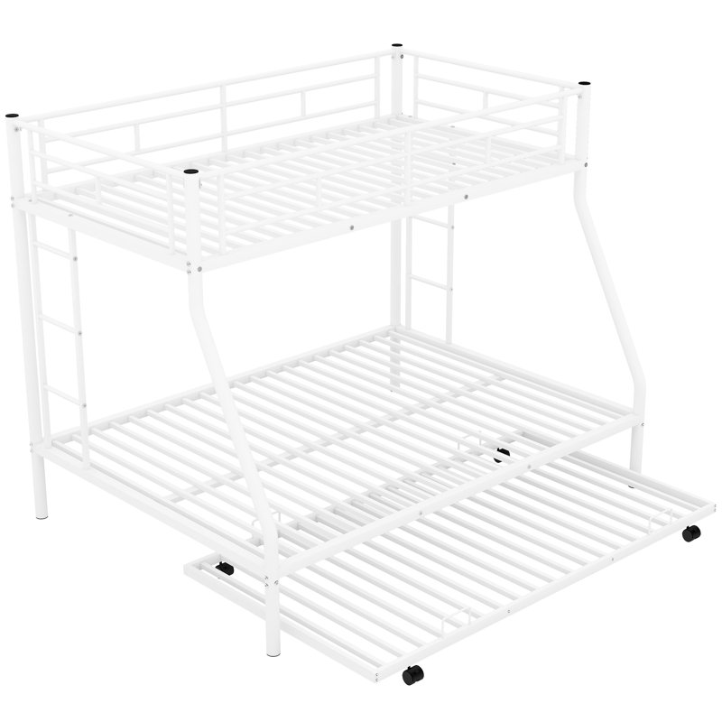 Lit simple superposé au dessus d'un lit double avec manteau blanc et fabrication en métal gigogne, Blanc