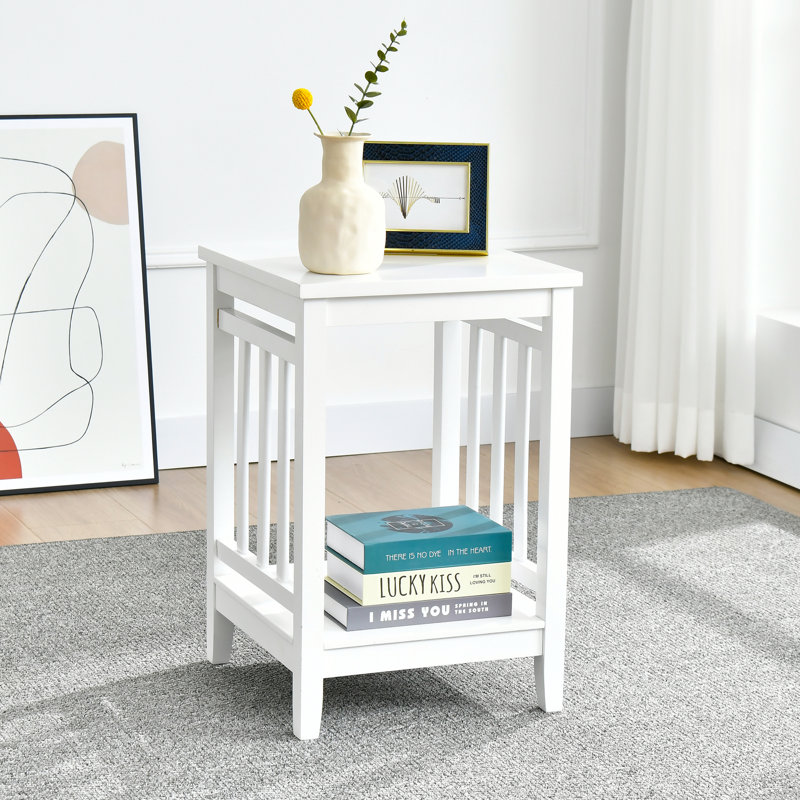 Transitional Mission Style Solid Wood Square End Table with Slatted Sides and Open Storage Shelf, White