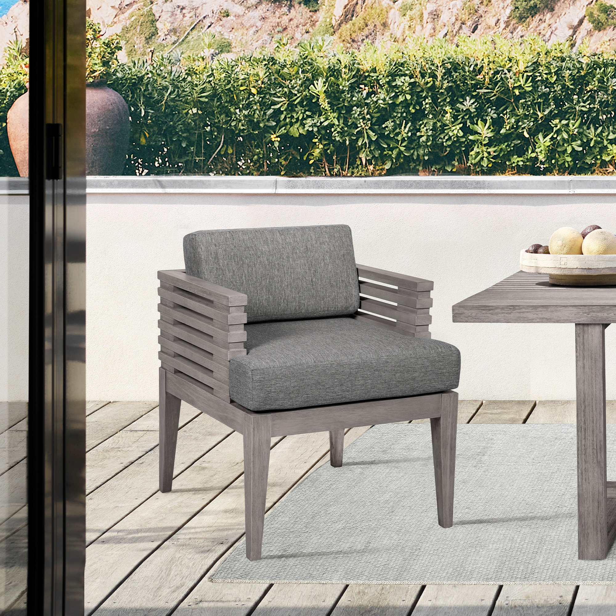 Aerilyn Wood Premium All-Weather Wicker Outdoor Dining Armchair with Cushion, Grey Performance