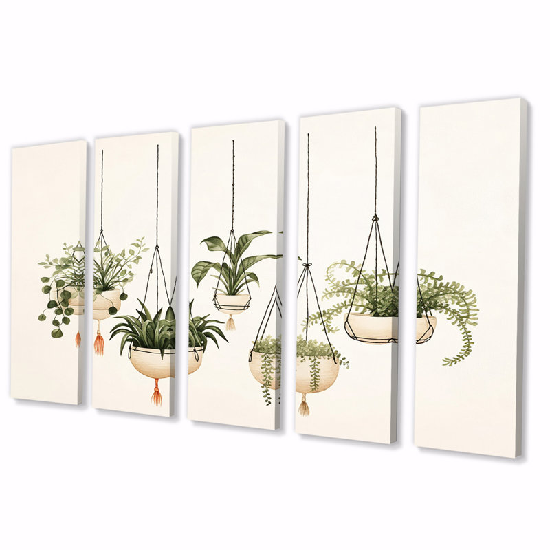 «Hanging Houseplants» Boho Botanical Watercolor V - Abstract Botanicals Wall Art Living Room - 5 Equal Panels