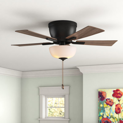 42 in. Black Indoor Low Profile Flush Mount Transitional Ceiling Fan with Reversible Brown Hickory-Black Hickory Blades, LED Light Kit and Pull Chain, 3 Speeds, Frosted White Glass Shade