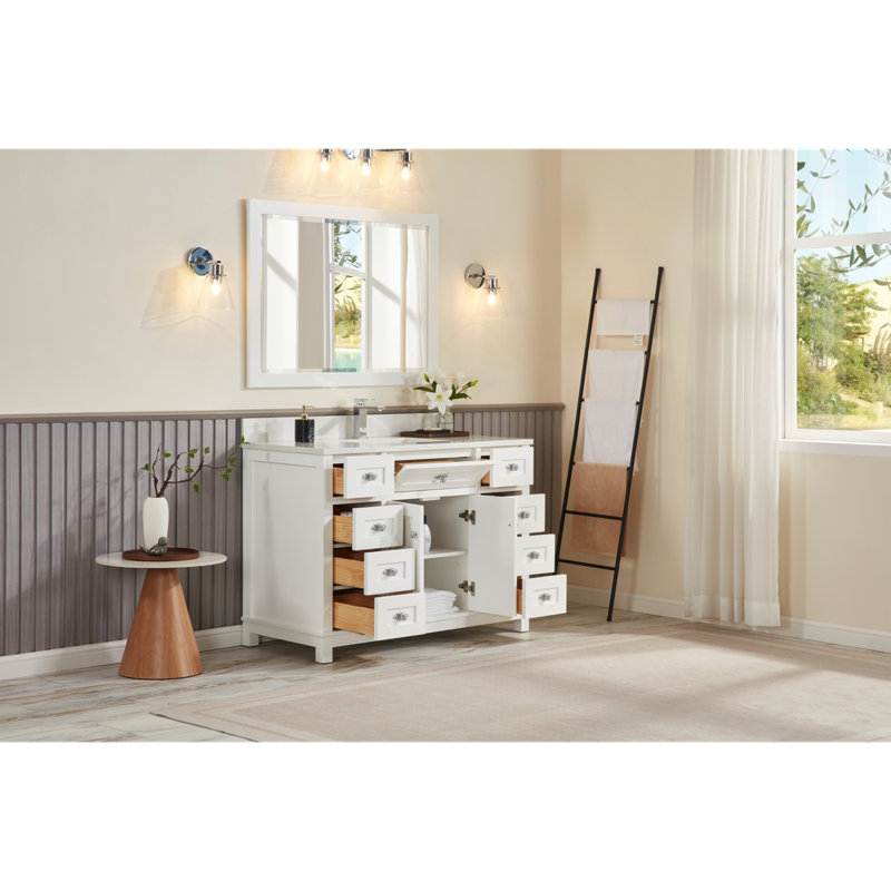 48" Solid Wood Sink Vanity With 1' Artificial Stone Top, White, Polished Chrome
