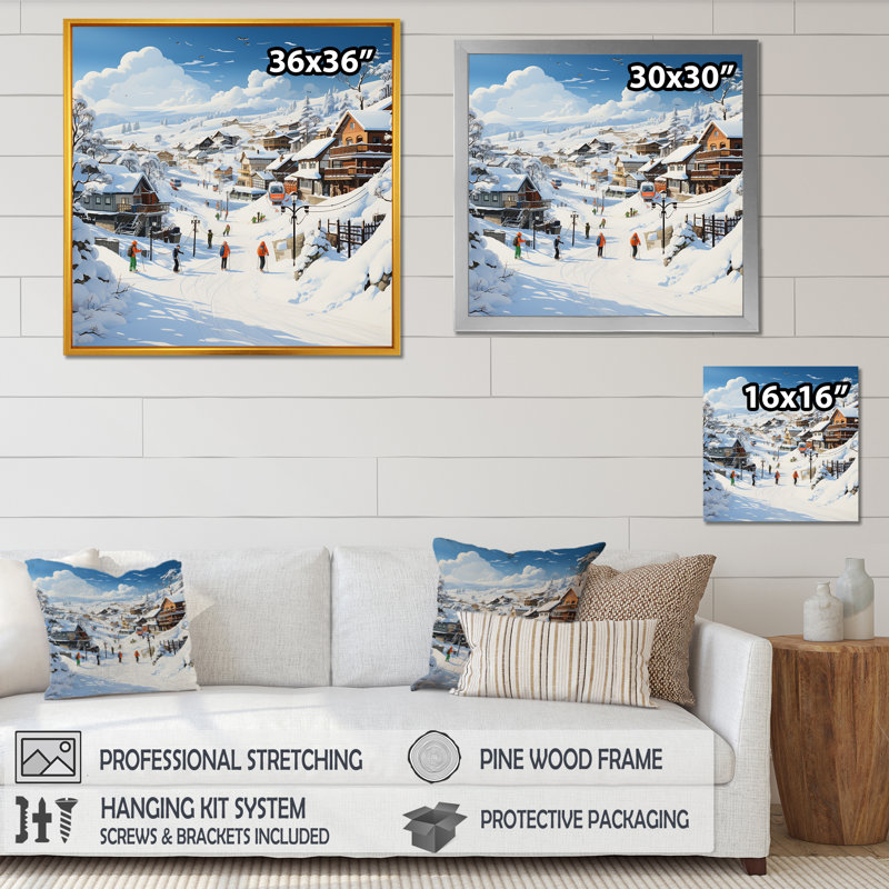 «Skiing Winter Village Horizon», art mural fruits, Toile tendue, 16" H x 16" W