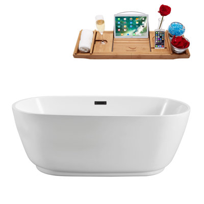 Streamline Freestanding Soaking Acrylic Bathtub With Drain and Bamboo Tray