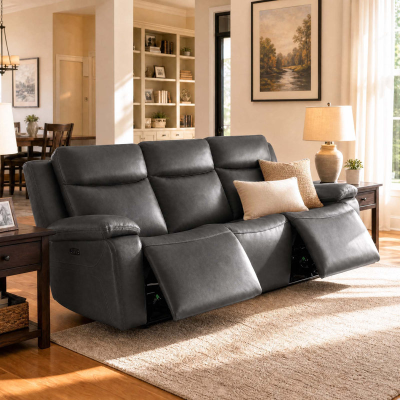 Canapé inclinable électrique en cuir véritable de 88,2 po de large Kenol avec appui-tête réglable, Gris