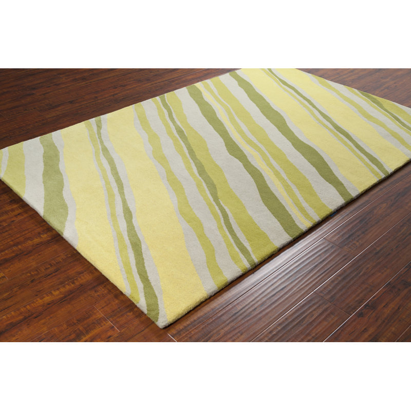 Tapis moderne en laine à rayures touffetées à la main vert, jaune et gris Ailey