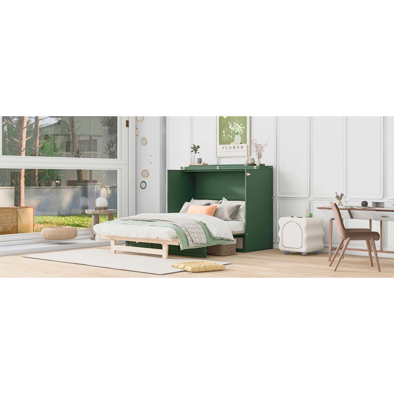 Murphy Bed With Large Drawers, Full, Green