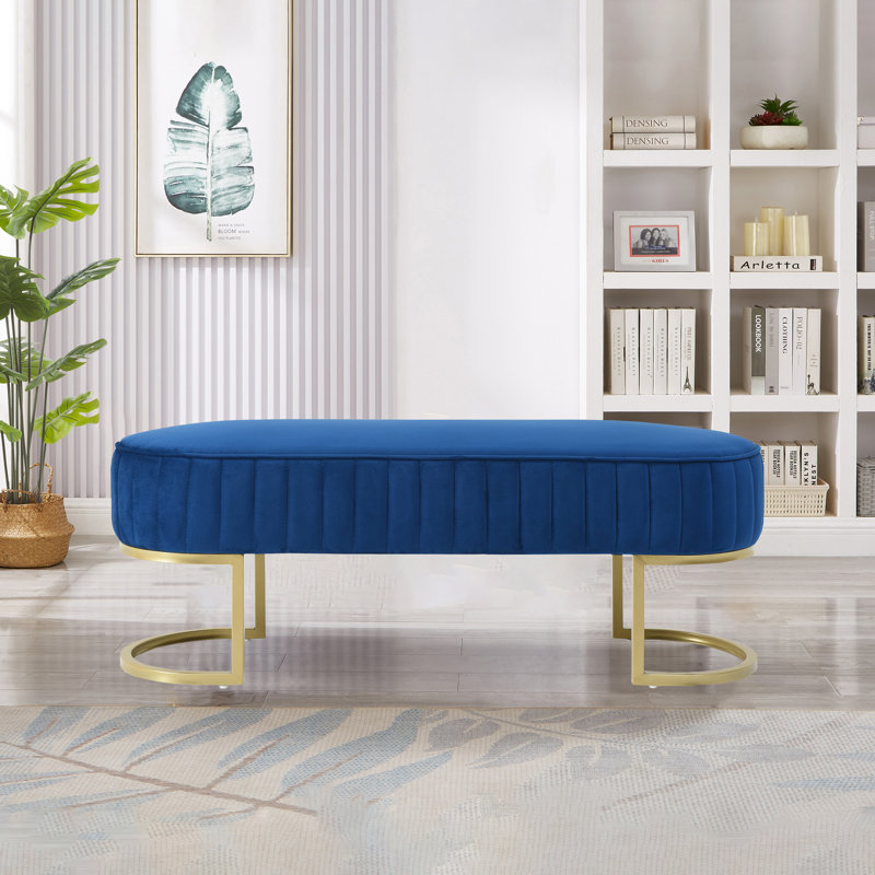 48" Wide Shoe Storage Bench Velvet Upholstered Bench Tufted Bench for Entryway and Bedroom, Blue