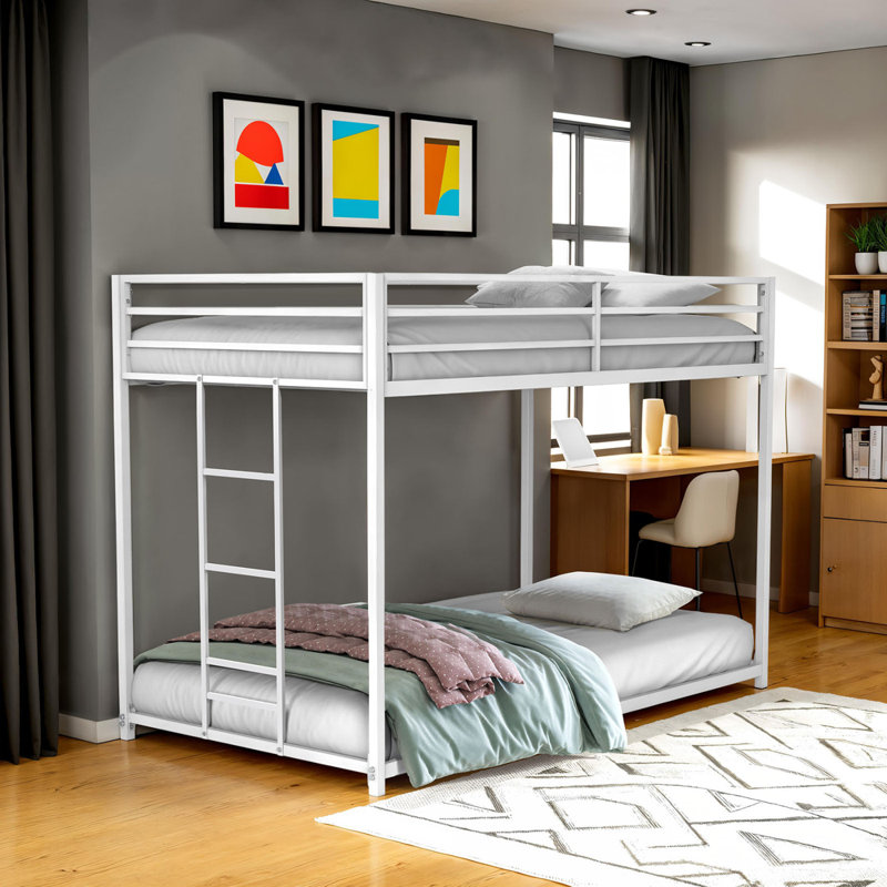 Twin Over Twin Metal Low Bunk Bed Mattress Ready Matte White Finish Attached Ladder Full Metal Construction Bedroom Furniture