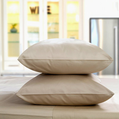 Luxury Cotton Sateen Pillowcase Set - 400 Thread Count ELS Combed Cotton Pillow Cover, Solid Beige Soft Pillow Cases, 2 Piece Set