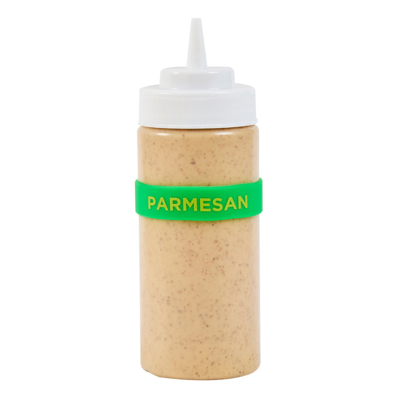  Bande en silicone pour bouteille à presser en silicone 10 pièces 2,75 pouces lavable au lave-vaisselle, bande d'identification parmesan vert pour les condiments dans les restaurants
