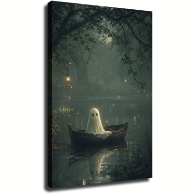 Tableau sur toile, fantôme amical assis sur une vieille barque en bois sur un lac brumeux, décoration murale d'Halloween mystérieuse pour chambre ou salon