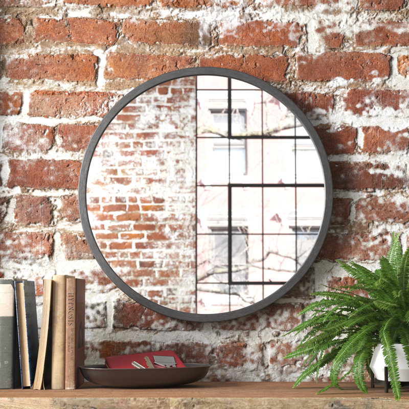Bali Round Metal Modern Wall Mirror, Dark Gray, 37" x 37"
