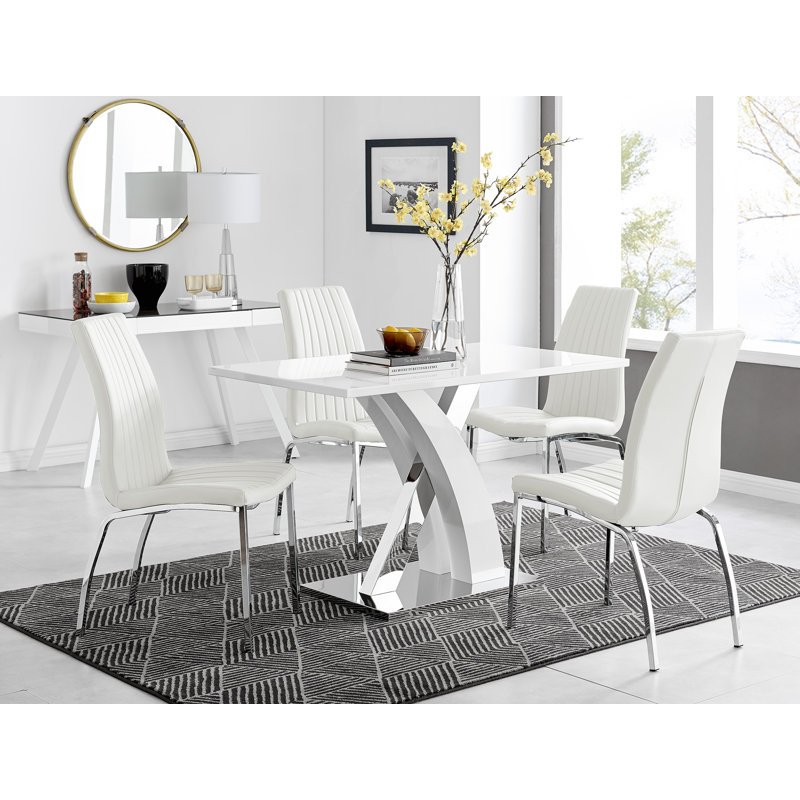 Edzard Chrome & White High Gloss Dining Table Set with 4 Luxury Faux Leather Dining Chairs, White