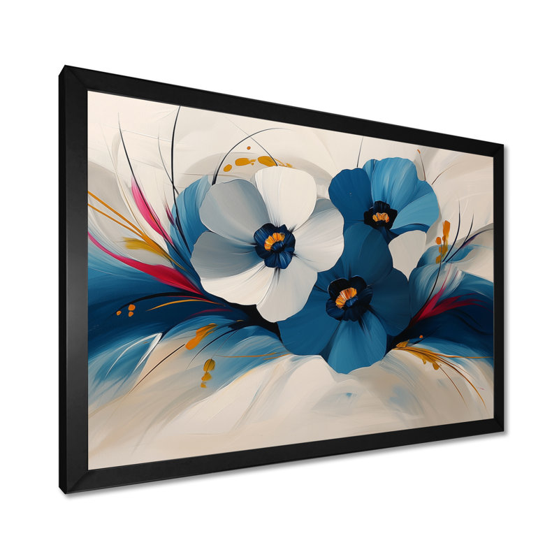 Velvet Blue Poppies Drop - Art mural coquelicots, H 12 po x l 20 po, Cadre simple noir
