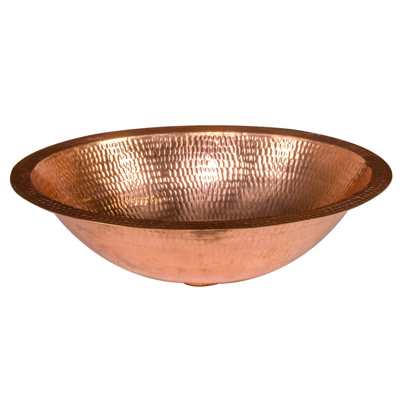 17" Oval Under Counter Hammered Copper Bathroom Sink, Polished Copper
