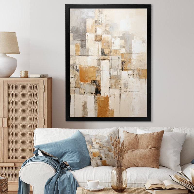 Beige et doré, perspective cubique - Collages abstraits, impressions sur toile, Cadre simple noir