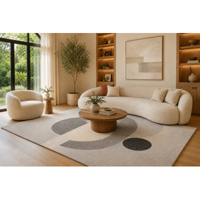 Grand tapis rond gris et beige superposé de 6 pi 7 po x 9 pi 10 po pour le salon, tapis doux à poils courts avec envers en silicone antidérapant, décoration de plancher pour la chambre à coucher, la salle à manger et le bureau personnel