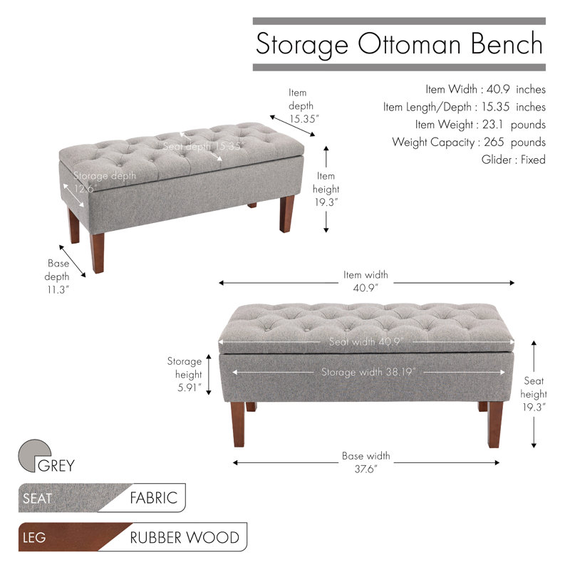 Friedegund Fabric Storage Bench with Wooden Legs, Grey