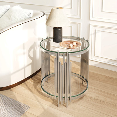Table de bout ronde en verre 19,7 po, table d'appoint argentée à 2 niveaux avec pieds en acier inoxydable et verre trempé transparent, table de bout de luxe moderne pour le bureau à domicile