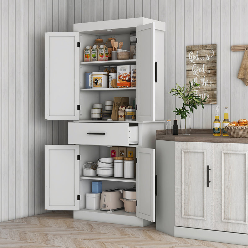 Armoire de rangement pour garde-manger de 72 po de hauteur, armoire de cuisine autoportante Farmhouse avec 4 portes de grange, tiroir, tablette à 5 niveaux et tablettes réglables