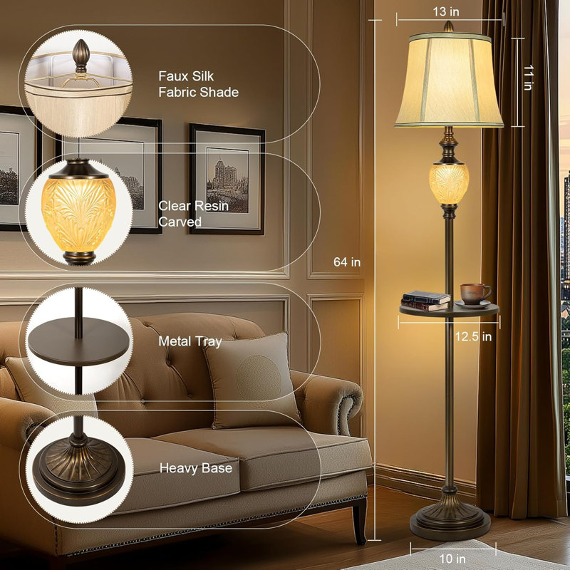 64" Farmhouse Floor Lamp With Tray, Nightlight, Beige Faux Silk Shade - For Living Room, Bedroom (Bulb Included)