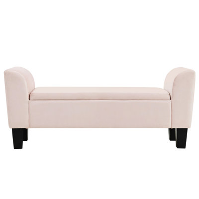 Banc de rangement en velours rose de 55 po avec pieds en bois massif - pour grand décor et siège en mousse