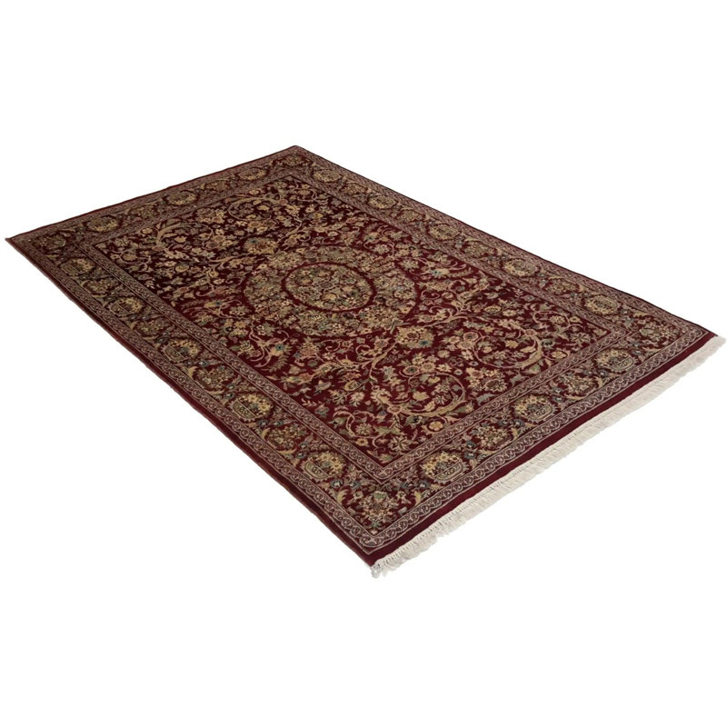 Tapis oriental rouge / brun / noir en laine et en coton fait à la main 4 pi x 6 pi Oriental