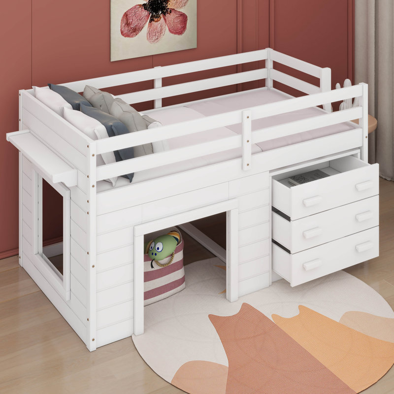 Lit mezzanine simple avec armoire de rangement et tablette, Blanc