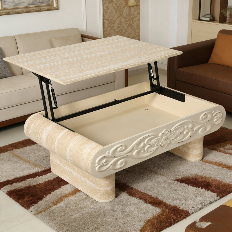 Table basse à plateau relevable, bureau moderne en bois avec rangement caché, Beige