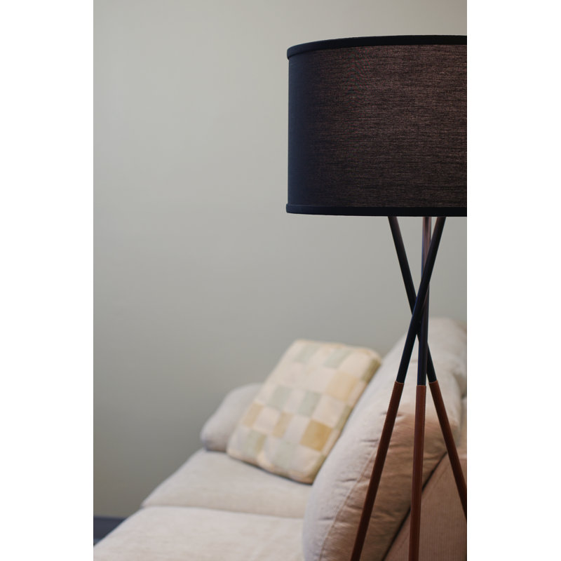 Black Tripod Floor Lamp with Fabric Shade and Faux Leather Accents