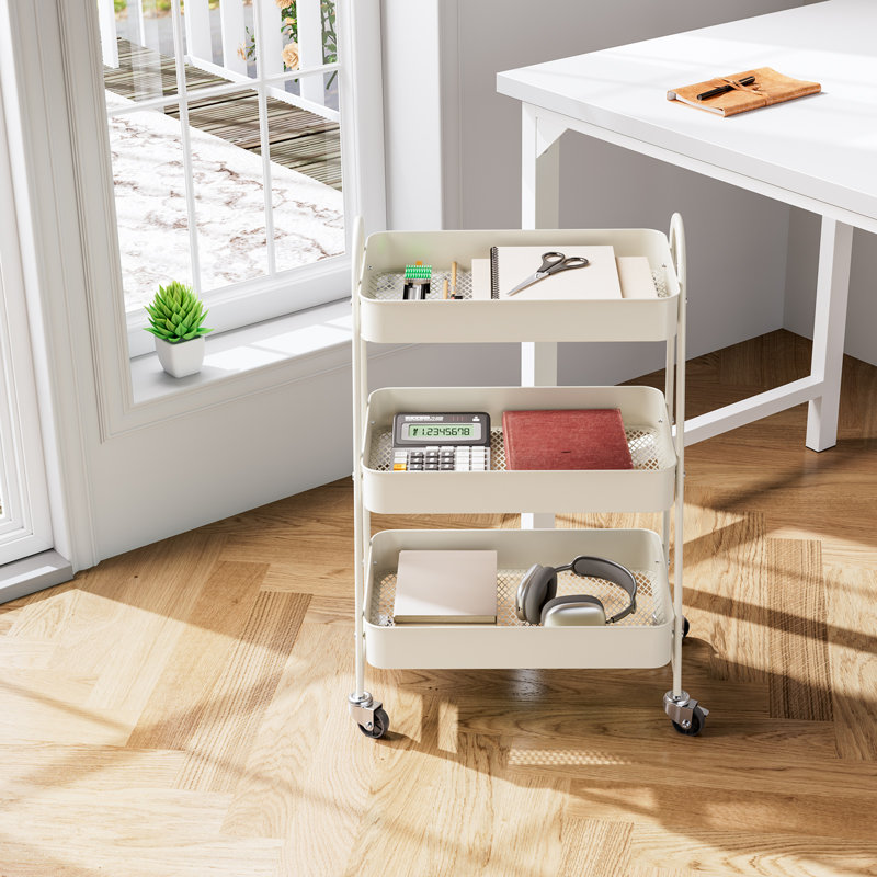 3-Tier Rolling Utility Cart with Locking Wheels, Metal Storage Organizer, Cream