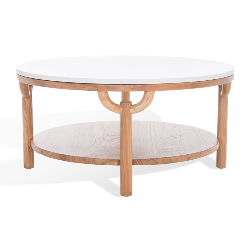 35" Elm Wood & White Marble Round Coffee Table with Storage