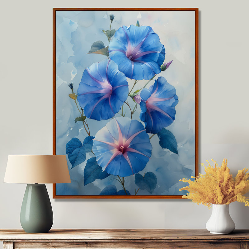 «Garden of Blue Morning Glory Bloom II - Morning Glory», art mural, Cadre flottant brun, H 16 po x l 32 po